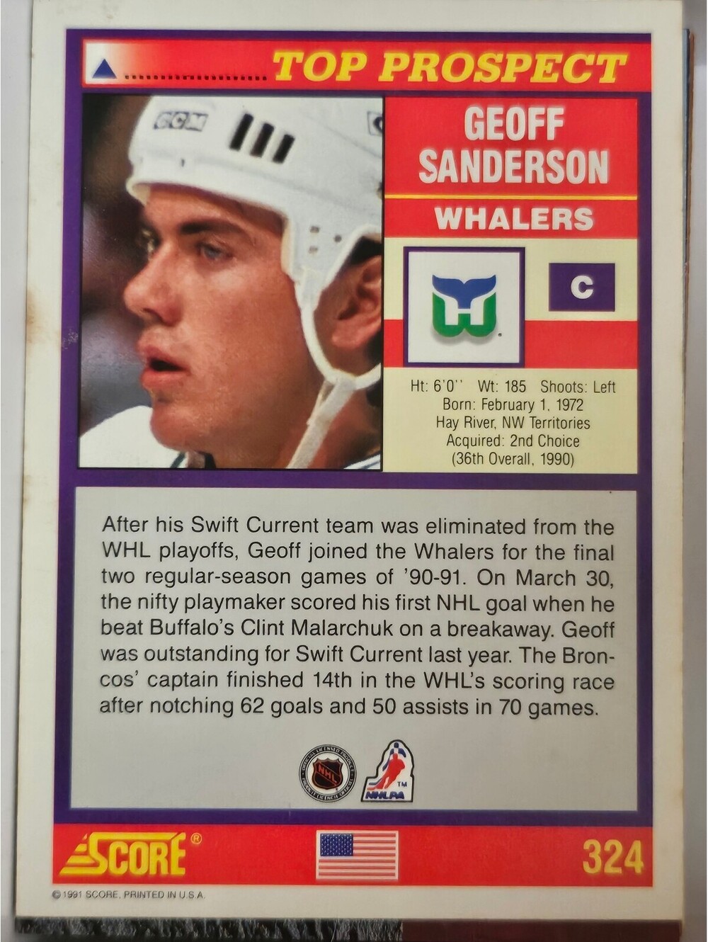 Geoff Sanderson Score Rookie Card #324 Hartford Whalers Hockey - NHL Hockey